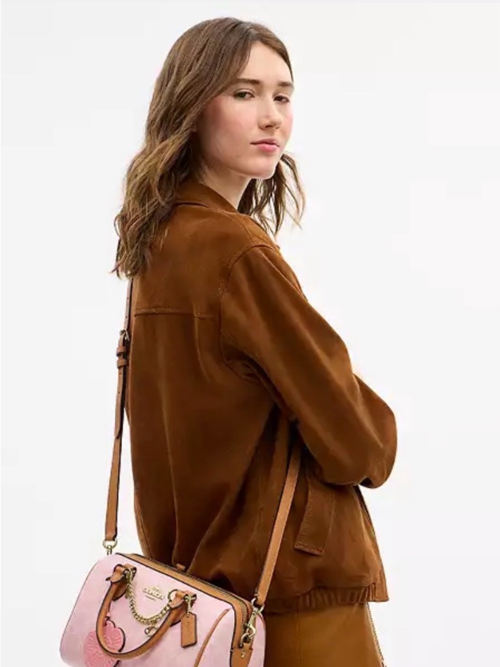 COACH Pink Satchel with Tan Handles and Floral Charm - Picture 3 of 3